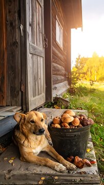 A dog rests beside a bucket of potatoes on a wooden porch