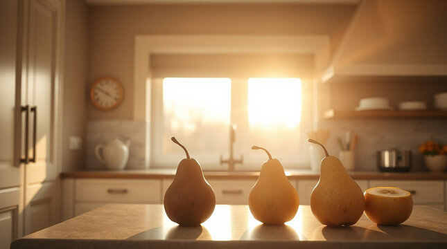 Pears arranged in a deliberate still life composition on a minimalist beige kitchen counter, evoking a rustic Kinfolk style aesthetic, with an emphasis on soft, warm, and inviting visuals, the beige