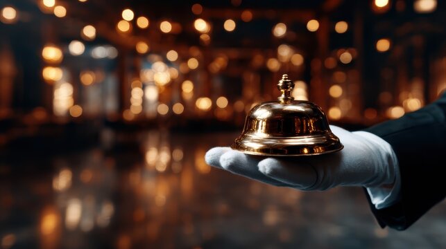 A bellboy elegantly stands with a service bell in a luxurious hotel setting, symbolizing hospitality, customer service, and luxury experiences.