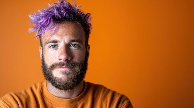 A confident man with creatively styled purple hair, surrounded by an energetic orange backdrop, showcasing self-expression and personal identity with a charming smile.