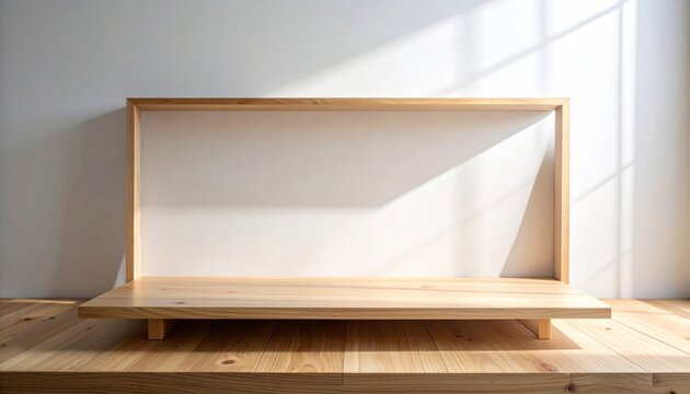 Wooden shelf set on sunlit wooden floor, casting soft shadow on wall in minimalistic bright room