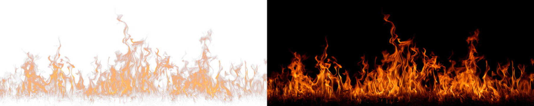 Intense burning flames with vivid fire motion and heat distortion, isolated on white backdrop. Flame overlay effect, transparent PNG