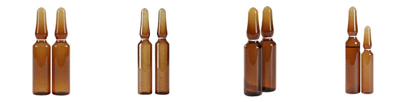 Set of Amber Glass Medical Ampoules Isolated on White Background - Pharmaceutical Liquid Medicine Vials for Injection, Vaccination, and Cosmetic Serums Stock Photo Collection