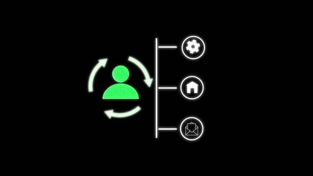 Glowing UI icon of user profile with circular arrows and vertical menu of settings, home, and email icons on dark background, representing account management and navigation.