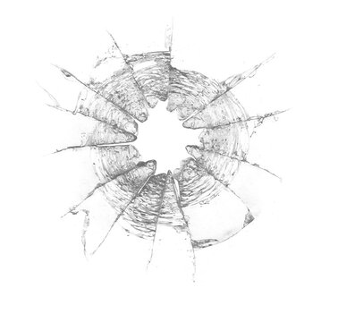 Broken glass texture with sharp cracks on white background. Transparent overlay