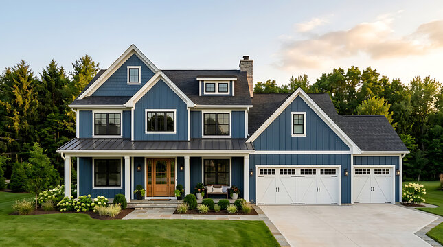 A stunning blue-sided two-story house with a white-trimmed gabled roof and a three-car garage, set against a backdrop of lush green trees and a clear sky.