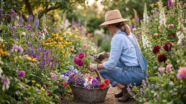 Woman tending to vibrant flowers in garden.