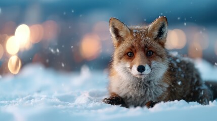 Fototapeta premium A serene fox lays gracefully in a snowy landscape, its gaze captivating, set against the enchanting backdrop of glowing city lights, embodying beauty and nature.