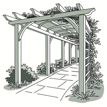 Green pergola with plants and a stone path garden