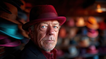 Fototapeta premium A mature man wearing a maroon hat poses thoughtfully amidst a display of vibrant hats, highlighting individuality, style, and the rich textures of fabrics and colors.