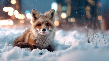 Fototapeta premium A captivating image of a fox lying in the snow amidst an urban setting, capturing the intriguing contrast of nature against a city backdrop filled with soft snowflakes.