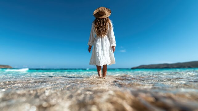 A serene portrayal of a young woman wading in the ocean waves, dressed in a flowing white dress, evoking feelings of freedom, happiness, and connection with nature.