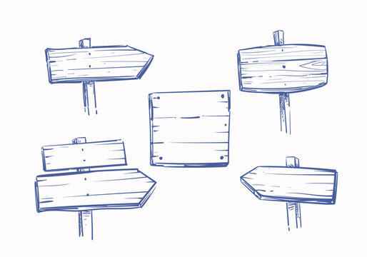 Set of hand-drawn wooden signboards and fence elements  cartoon style, various shapes like arrows, panels, hanging boards. Natural textures, countryside aesthetics, for themes related to direction.