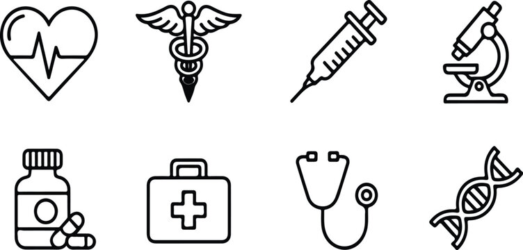 Set of medical icons including heart pulse caduceus syringe microscope pills first aid kit stethoscope and DNA, flat vector illustration