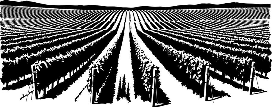 Symmetrical vineyard rows growing on a wine estate silhouette