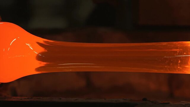 Molten glass craftsmanship glowing orange liquid being shaped by skilled artisans showcasing the fiery art of glassblowing in a dramatic heat-filled workshop emphasizing molten material transformation