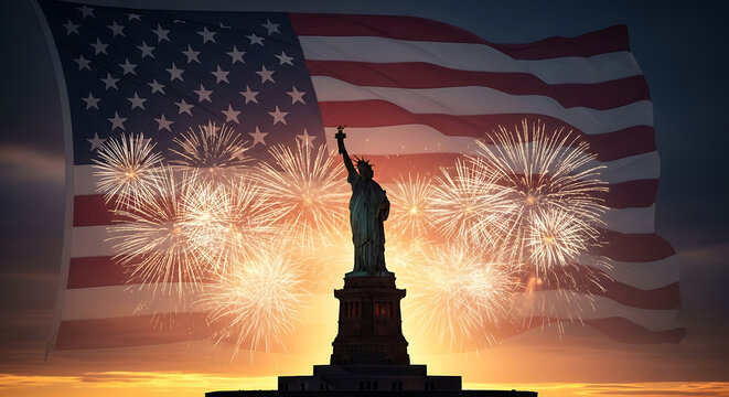 Iconic Statue of Liberty silhouetted against a dramatic sky with a large American flag and vibrant fireworks display.