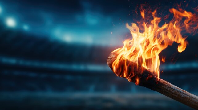 A burning torch illuminates a darkened stadium setting, symbolizing passion, hope, and ambition in a captivating and intense manner, inviting a deeper look into its significance.