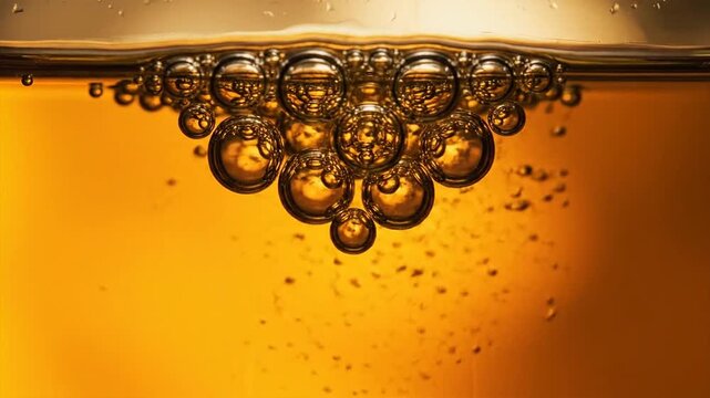 Golden liquid surface texture with cascading amber spheres evoking effervescence and rich amber tones perfect for beverage culinary and abstract design themes.