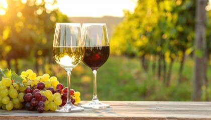 Obraz premium Two wine glasses and grapes on a wooden table with vineyard background in soft sunlight