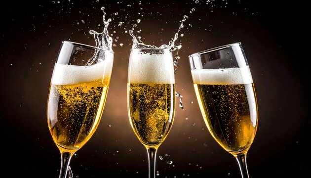 Three champagne glasses bubbling with splashes, captured against a dark contrasting background