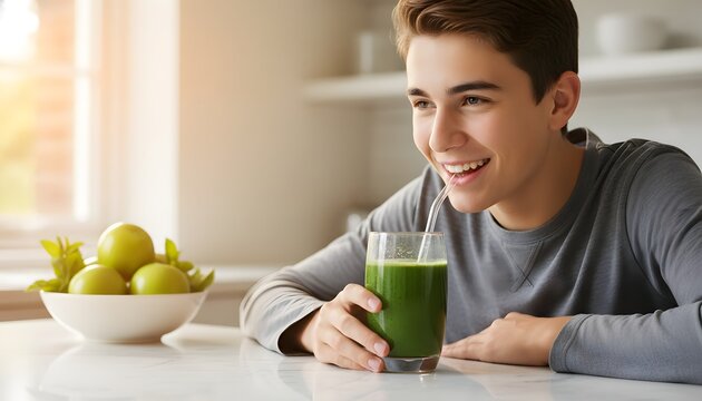 Happy teen drinking green smoothie in a newly renovated modern kitchen, healthy lifestyle and body repair concept with detox juice and fresh organic apples