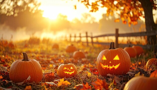 Sunlit pumpkin patch with carved faces, golden leaves, and rustic fence in autumnal countryside