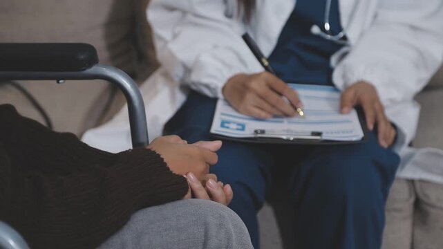 Doctor using a stethoscope checking patient with examining, presenting results symptom and recommend treatment method, Healthcare and medical concept