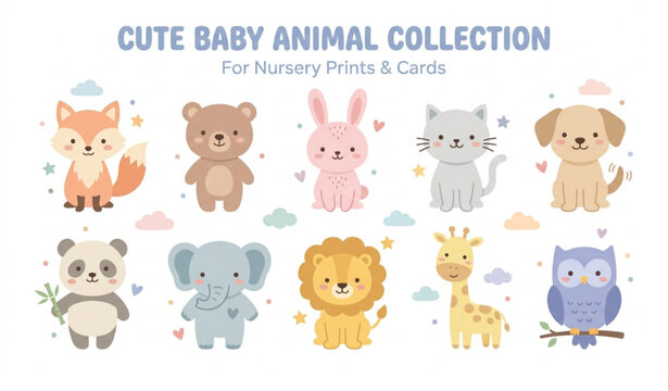 Pastel cute animal bundle vector set with baby nursery characters for cards and prints isolated on white