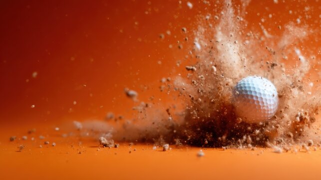 A dynamic image capturing a golf ball striking the ground, sending dirt flying in dramatic motion, representing action and intensity in golf, set against a vibrant orange background.