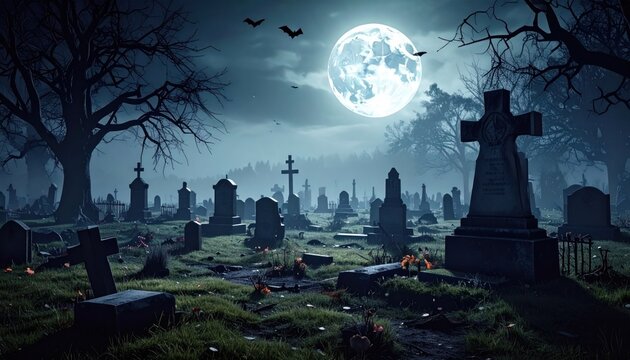 A moonlit cemetery with shadowy gravestones and eerie trees, silhouetted against a bright full moon