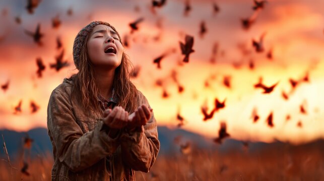A young girl standing with outstretched hands amid a sunset backdrop, surrounded by flying birds, symbolizing freedom, hope, and emotional release.