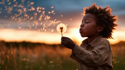 Fototapete Mädchenzimmer A young child blows dandelion seeds into the sunset, capturing the essence of childhood innocence, joy, and the fleeting beauty of nature in this enchanting moment.  © svastix