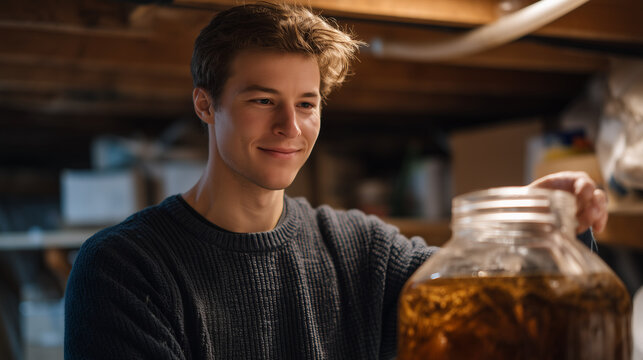 Fermentation hobbyist checking the airlock on a gallon jar of homemade aged goat cheese submerged in brine on a pantry shelf, humidity strips and ph tape beside a handwritten log, a modest basement 