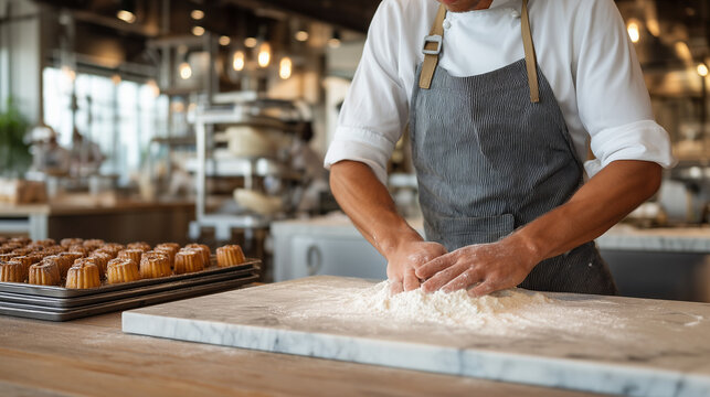 Pastry chef wiping flour from their forearms while standing over a marble slab in a professional kitchen, a timer clipped to their apron, racks of cooling canel&eacute;s visible behind them, industrial mix