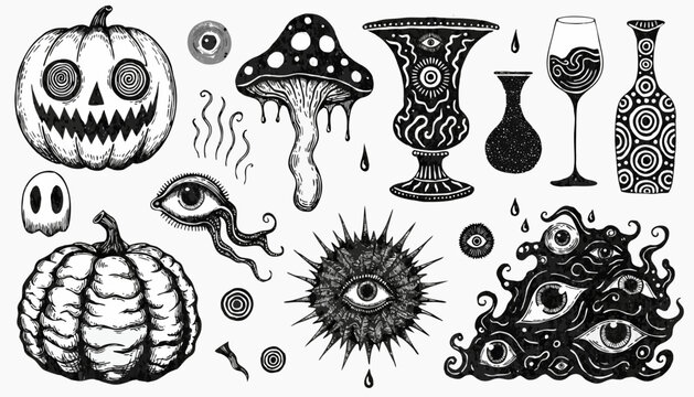 A collection of hand-drawn, black-and-white vector illustrations in a dark, surrealist style. The artwork features occult and horror-themed elements.