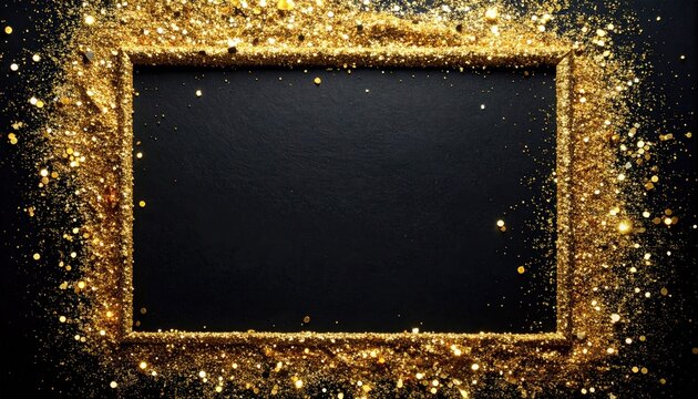 Black rectangular frame adorned with sparkling gold glitter on dark background, radiating elegance