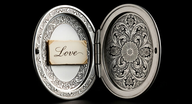 Open silver locket with love note inside isolated on transparent background