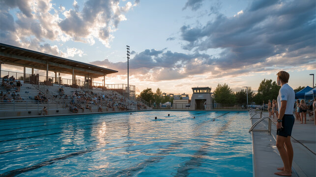 Community pool on the first weekend of summer, a lifeguard instructor demonstrating flotation techniques to nervous adult beginners in the shallow end while families watch from surrounding bleachers