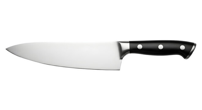 Professional chef knife with stainless steel blade, sharp kitchen knife for culinary food preparation, classic black handle cook tool on white background