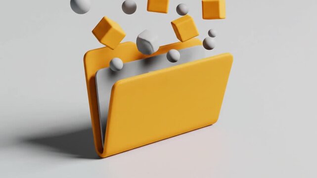 Isometric 3D File Folder Opening with Geometric Icons in Mustard Yellow Matte