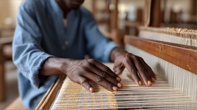 Close-up of a Ghanaian kente weaver's hands interlacing silk strips on a traditional loom in an Accra workshop, the cultural significance of each pattern visible in reference cards pinned above the 
