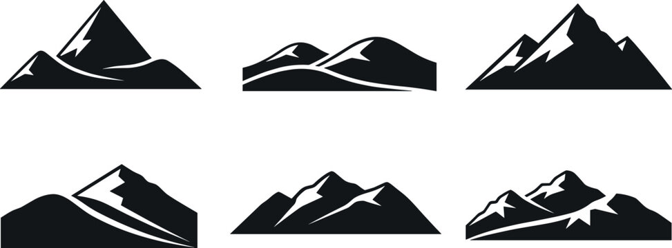 Minimalist mountain silhouette logo set, black and white peaks, outdoor adventure design, alpine landscape illustration, cad drawing flat vector illustration
