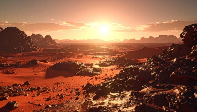 A breathtaking panoramic view of a desolate, reddish-orange alien landscape bathed in the warm glow of a setting sun, showcasing rugged rock formations and a vast, sandy expanse.