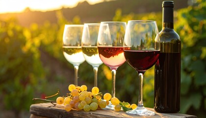 Obraz premium Four wine glasses with varied colors, a bottle, and grapes displayed outdoors in a sunlit vineyard setting