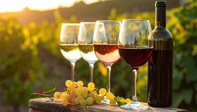 Four wine glasses with varied colors, a bottle, and grapes displayed outdoors in a sunlit vineyard setting