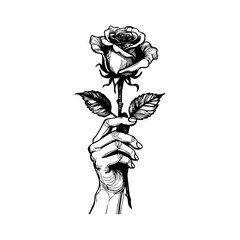 Dibujo detallado con líneas de una mano sujetando una rosa con tallo y hojas © teracreonte