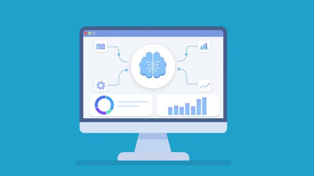 Minimal animation of a desktop monitor showing AI analytics with data network, connected nodes, and charts, representing machine learning, data processing, and digital workflow systems.