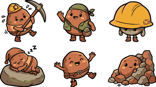 Set of 6 cute pebble worker characters in various poses, minimalist flat vector illustration, earthy biopunk aesthetic.