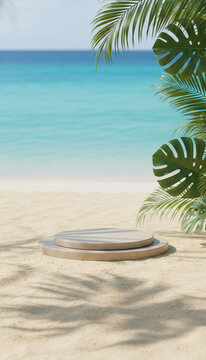 A minimalist, circular podium on a sandy beach, framed by lush green palm and monstera leaves, with a turquoise ocean and sky in the background, representing a tranquil, natural display scene.